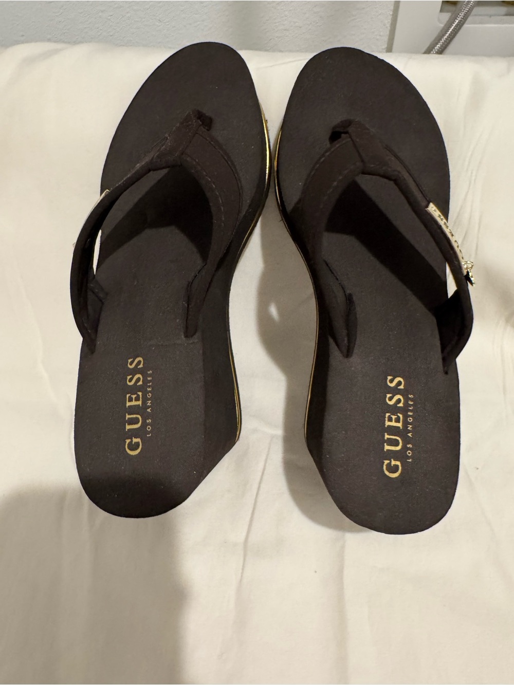 GUESS Black Flip Wedge Sandals with Gold Logo Detail